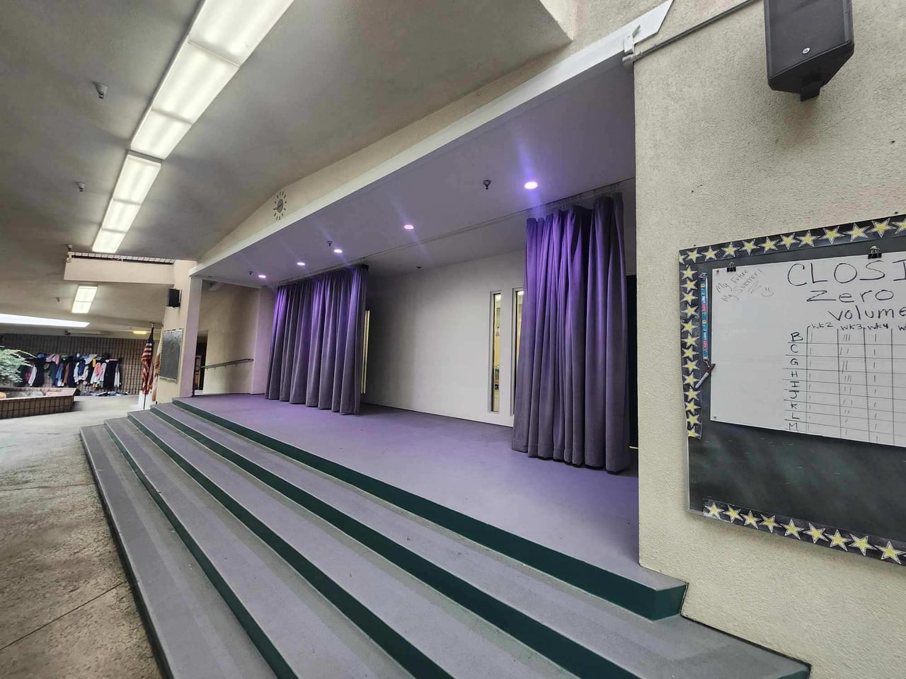 Purple stage lighting and curtains at Greenville Elementary